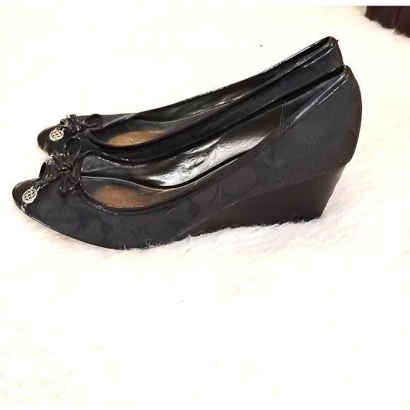 Coach Womens Size 8.5 B  Black Wedge Heel Open Toe Dress Shoes Slip On LOGO - Picture 3 of 9